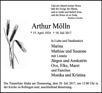 Traueranzeige von Arthur Mölln von Uetersener Nachrichten