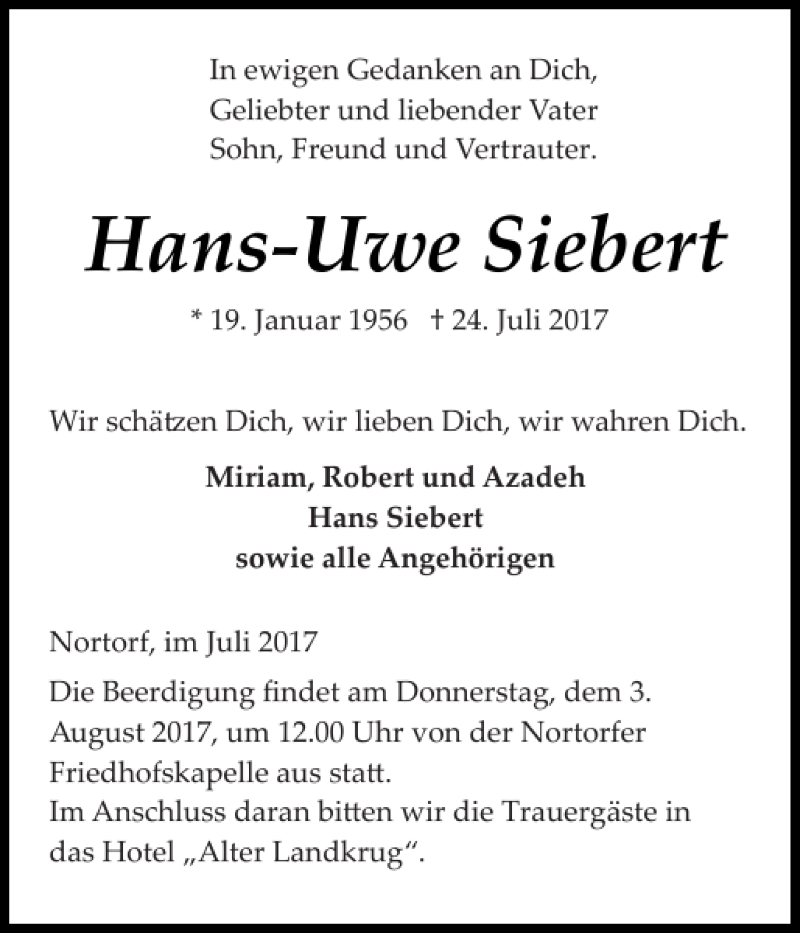  Traueranzeige für Hans-Uwe Siebert vom 31.07.2017 aus Landeszeitung
