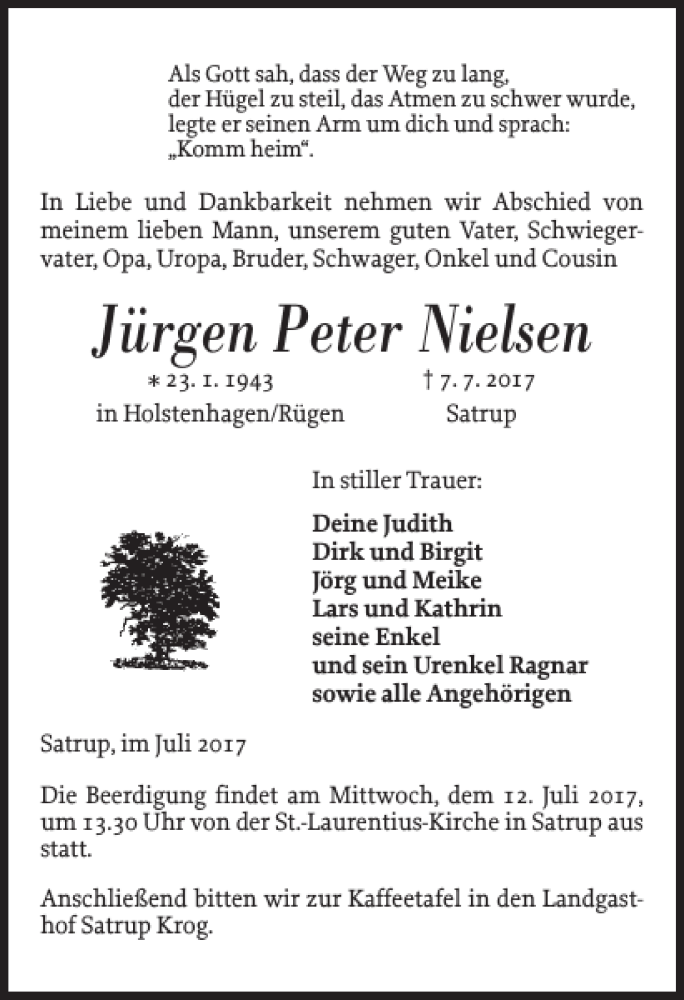  Traueranzeige für Jürgen Peter Nielsen vom 10.07.2017 aus Flensburger Tageblatt