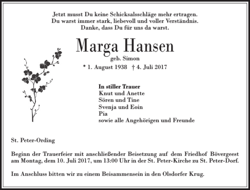  Traueranzeige für Marga Hansen vom 06.07.2017 aus Husumer Nachrichten