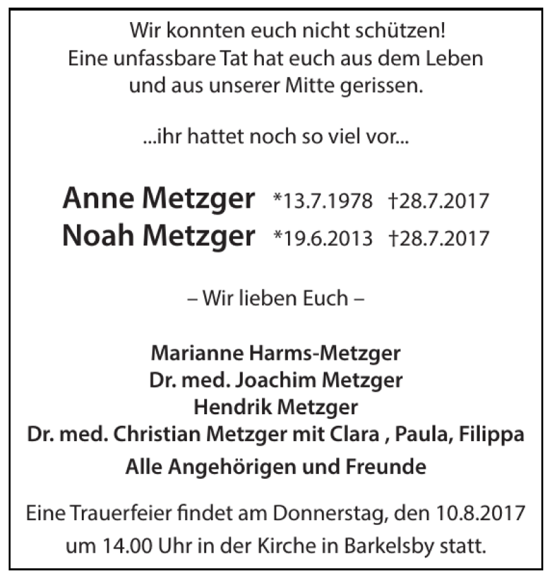  Traueranzeige für Anne Metzger Noah Metzger vom 05.08.2017 aus Eckernförder Zeitung