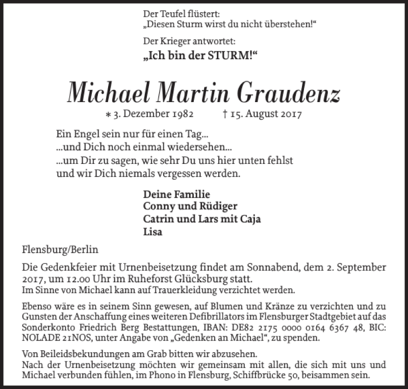  Traueranzeige für Michael Martin Graudenz vom 22.08.2017 aus Flensburger Tageblatt