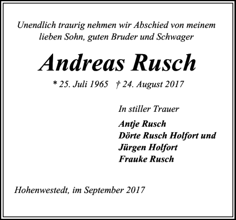  Traueranzeige für Andreas Rusch vom 13.09.2017 aus Landeszeitung