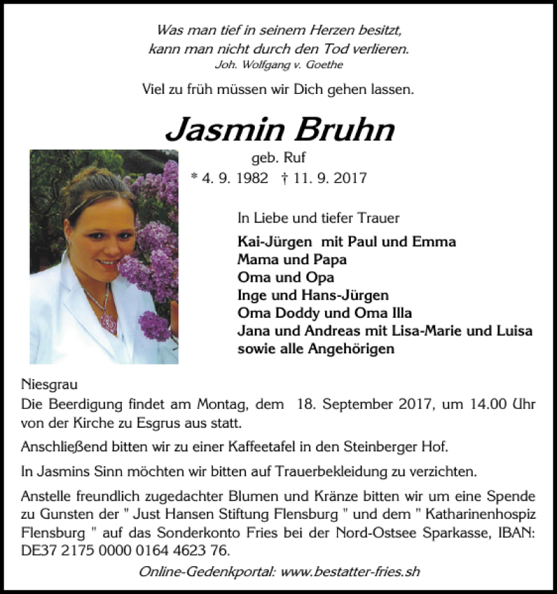  Traueranzeige für Jasmin Bruhn vom 14.09.2017 aus Flensburger Tageblatt