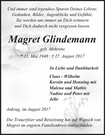 Traueranzeige von Magret Glindemann von Landeszeitung