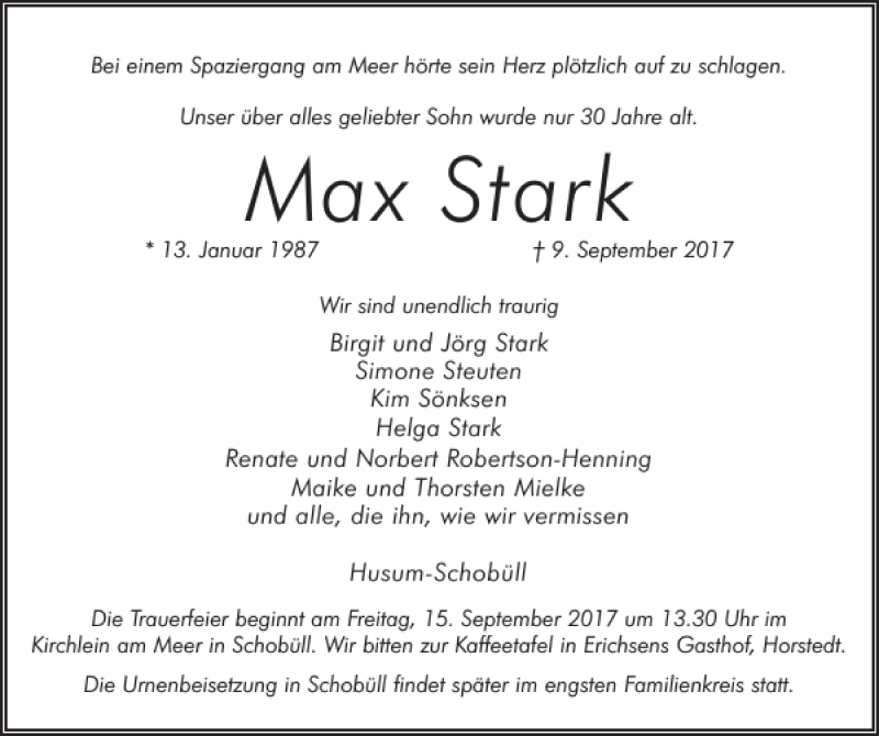  Traueranzeige für Max Stark vom 13.09.2017 aus Husumer Nachrichten