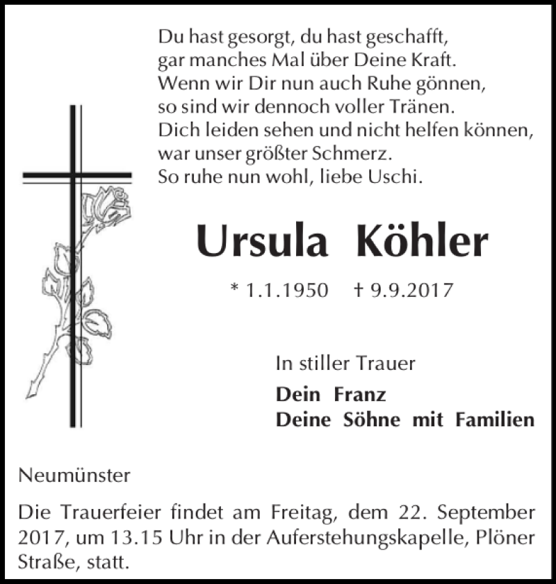  Traueranzeige für Ursula Köhler vom 16.09.2017 aus Holsteinischer Courier