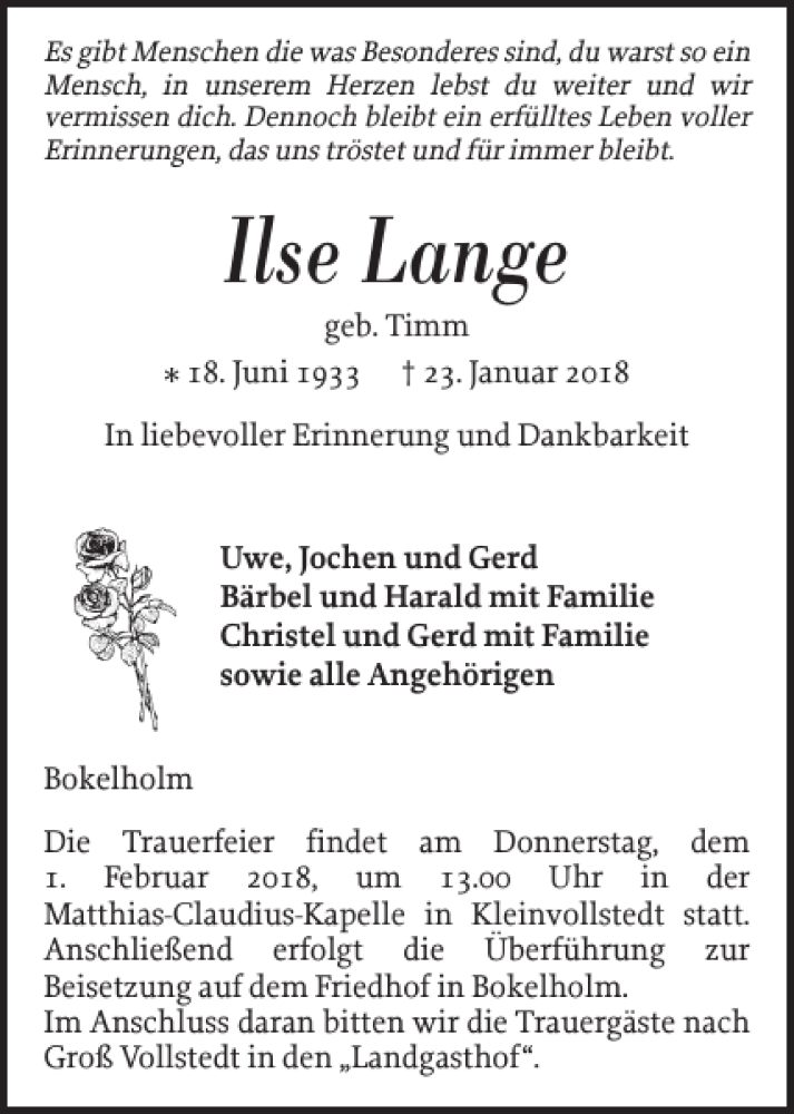  Traueranzeige für Ilse Lange vom 27.01.2018 aus Landeszeitung