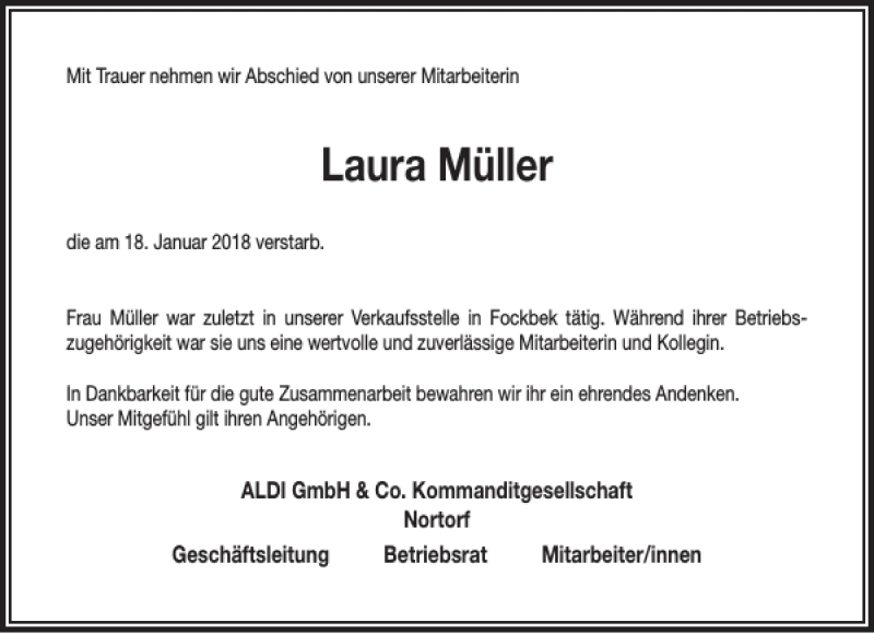  Traueranzeige für Laura Müller vom 31.01.2018 aus Landeszeitung