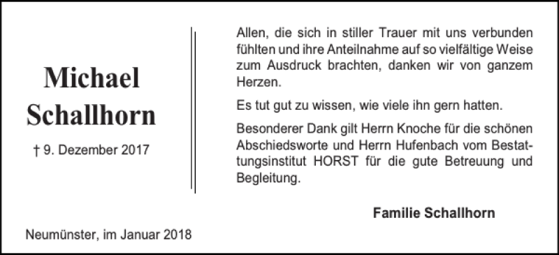 Traueranzeige für Michael Schallhorn vom 06.01.2018 aus Holsteinischer Courier
