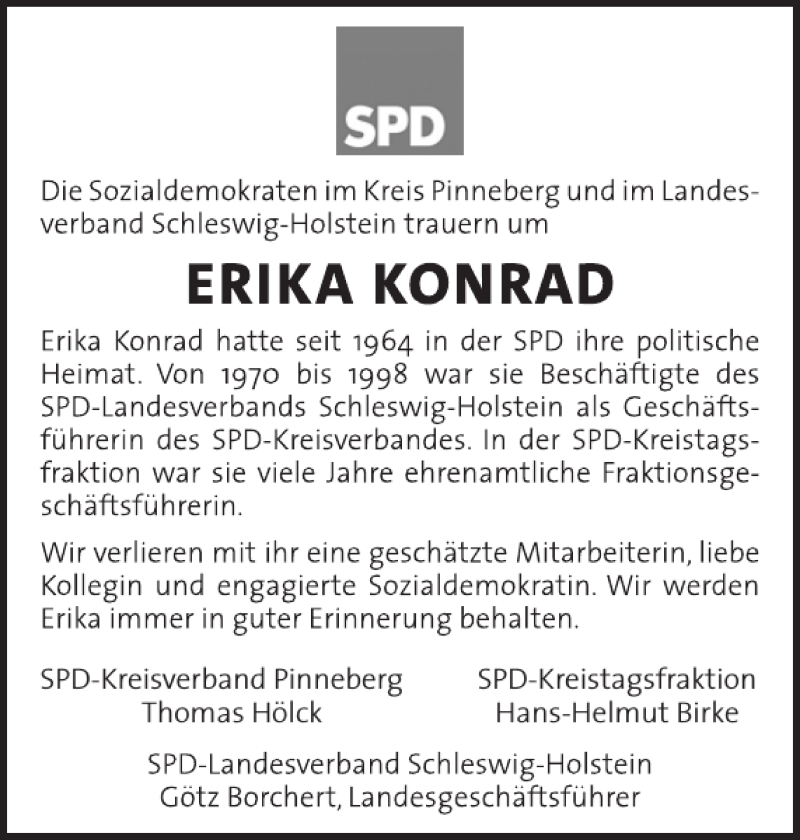  Traueranzeige für SPD-Kreisverband Pinneberg Thomas Hölck SPD-Kreistagsfraktion Hans-Helmut Birke  vom 06.01.2018 aus Pinneberger Tageblatt