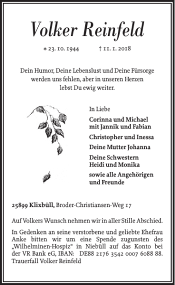 Traueranzeige von Volker Reinfeld von Flensburger Tageblatt