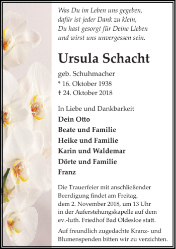 Traueranzeige von Ursula Schacht von Stormarner Tageblatt
