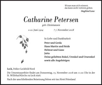 Traueranzeige von Catharine Petersen von Nordfriesland Tageblatt