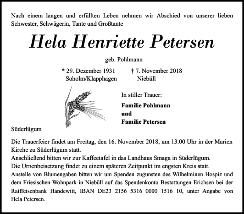  Traueranzeige für Hela Henriette Petersen vom 10.11.2018 aus Flensburger Tageblatt