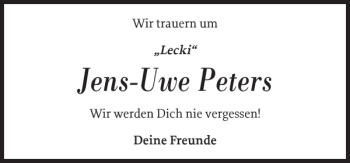 Traueranzeige von Jens-Uwe Peters von Flensburger Tageblatt