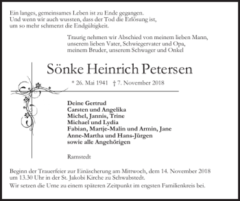 Traueranzeige von Sönke Heinrich Petersen von Husumer Nachrichten