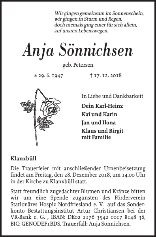  Traueranzeige für Anja Sönnichsen vom 21.12.2018 aus Nordfriesland Tageblatt