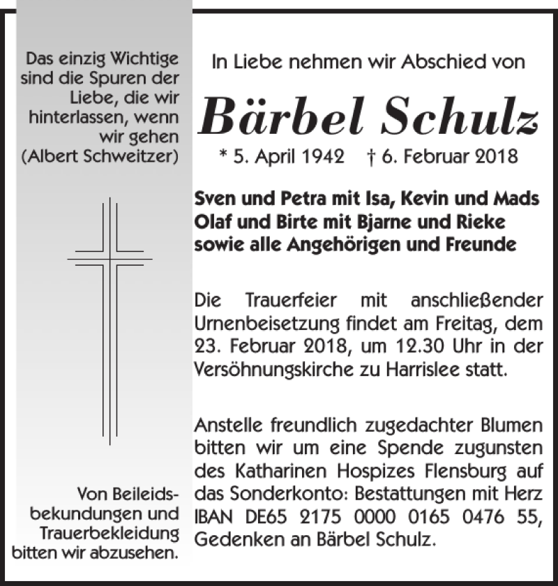  Traueranzeige für Bärbel Schulz vom 17.02.2018 aus Flensburger Tageblatt