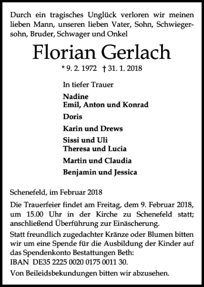  Traueranzeige für Florian Gerlach vom 05.02.2018 aus Norddeutsche Rundschau