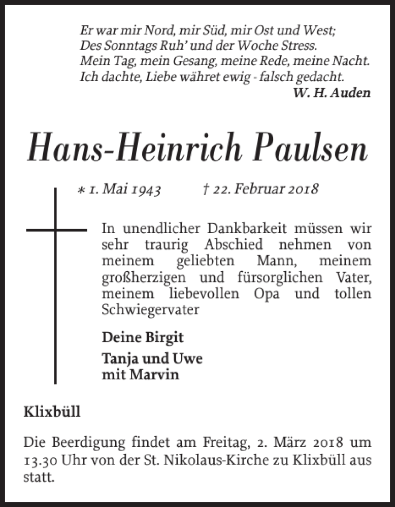  Traueranzeige für Hans-Heinrich Paulsen vom 27.02.2018 aus Nordfriesland Tageblatt