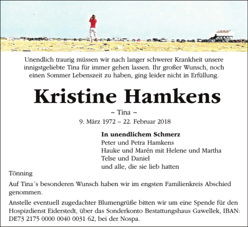  Traueranzeige für Kristine Hamkens vom 28.02.2018 aus Husumer Nachrichten