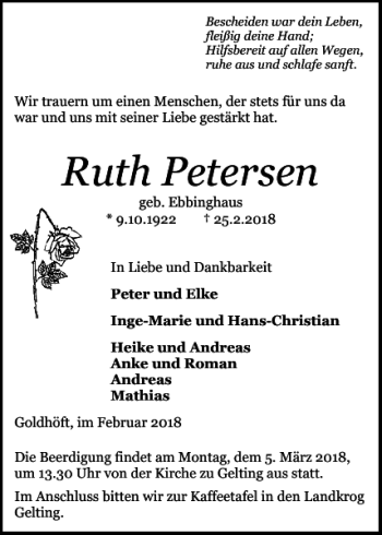 Traueranzeige von Ruth Petersen von Flensburger Tageblatt