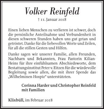 Traueranzeige von Volker Reinfeld von Flensburger Tageblatt
