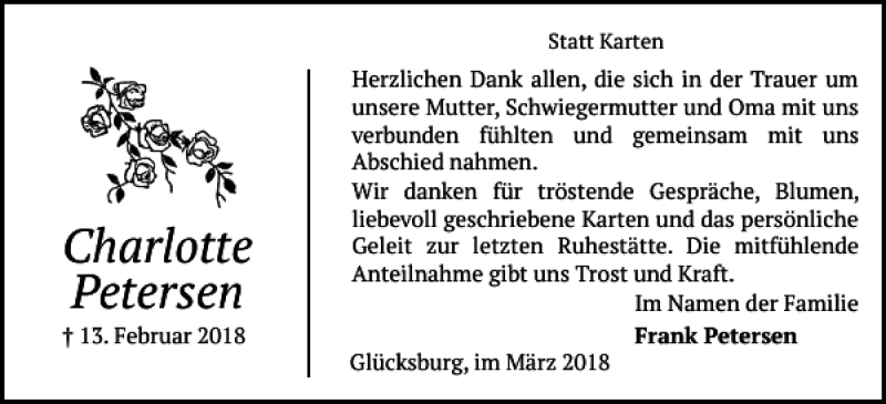  Traueranzeige für Charlotte Petersen vom 03.03.2018 aus Flensburger Tageblatt