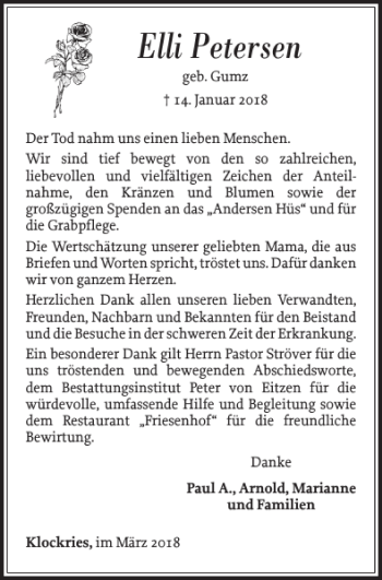 Traueranzeige von Elli Petersen von Nordfriesland Tageblatt