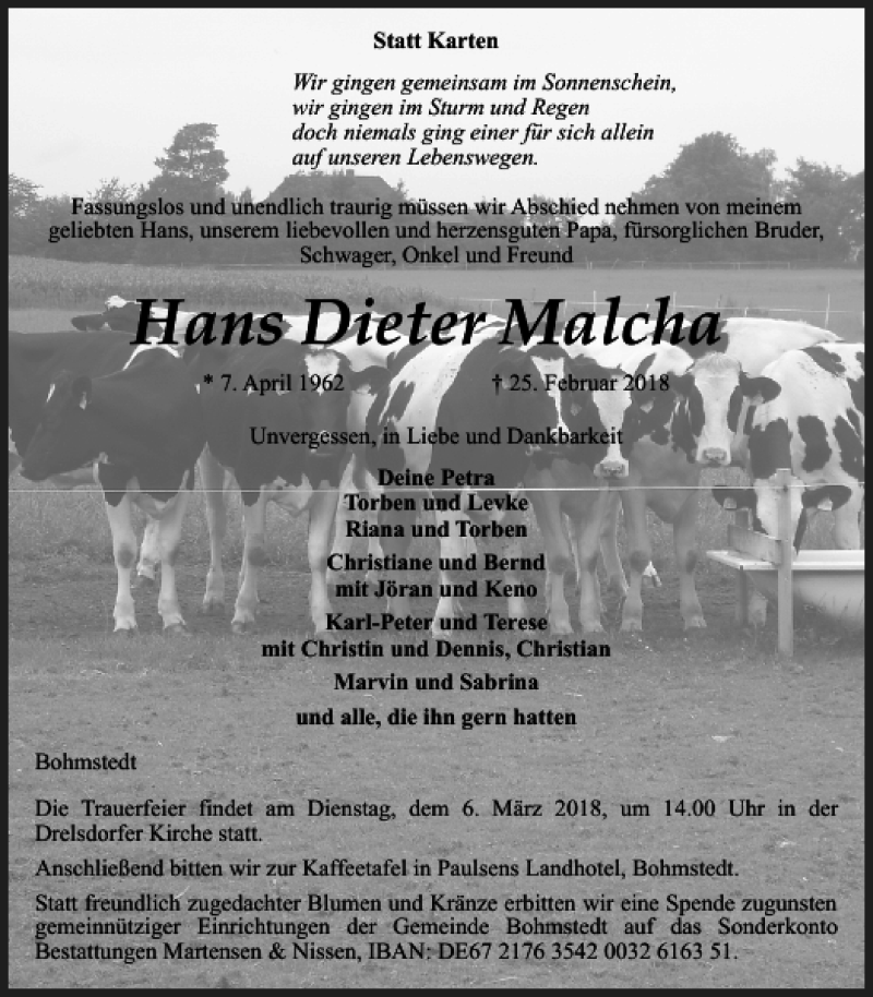  Traueranzeige für Hans Dieter Malcha vom 01.03.2018 aus Husumer Nachrichten