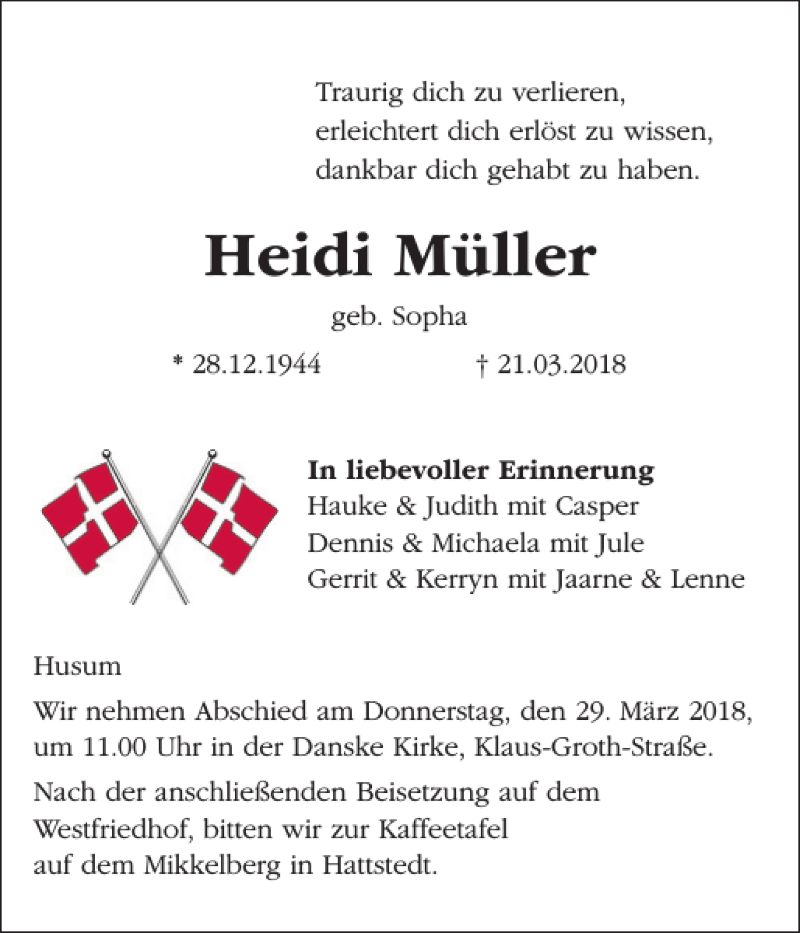  Traueranzeige für Heidi Müller vom 24.03.2018 aus Husumer Nachrichten