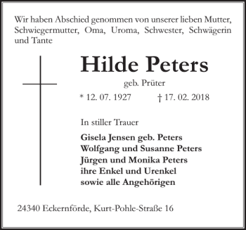 Traueranzeige von Hilde Peters von Eckernförder Zeitung