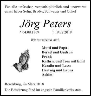 Traueranzeige von Jörg Peters von Landeszeitung
