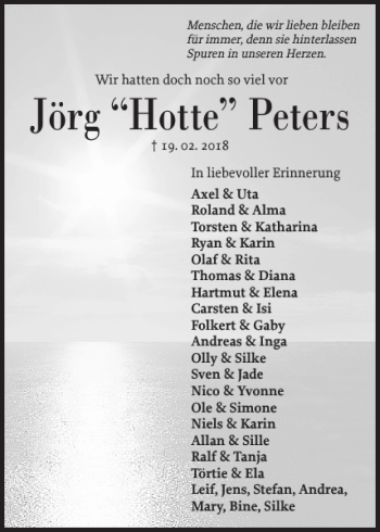 Traueranzeige von Jörg Hotte Peters von Landeszeitung