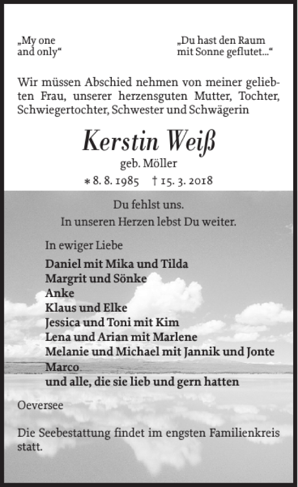  Traueranzeige für Kerstin Weiß vom 20.03.2018 aus Flensburger Tageblatt