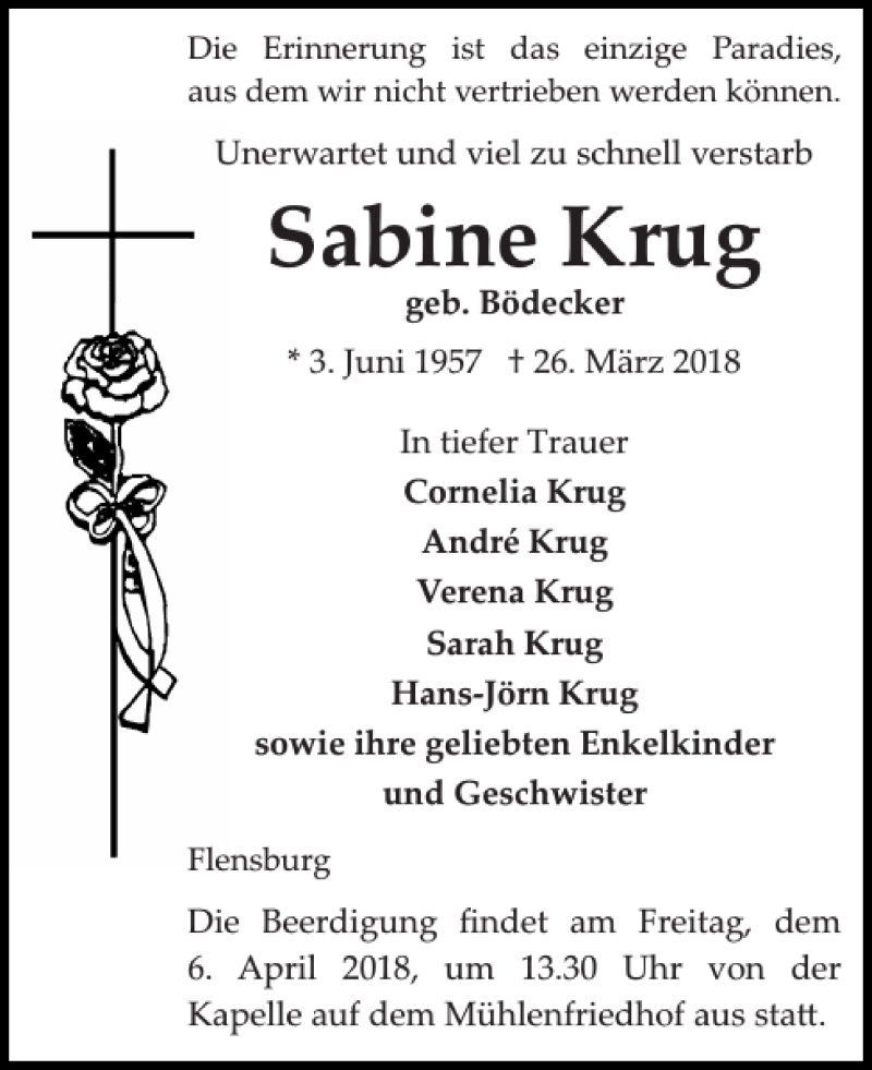  Traueranzeige für Sabine Krug vom 31.03.2018 aus Flensburger Tageblatt