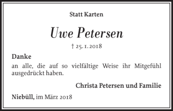 Traueranzeige von Uwe Petersen von Nordfriesland Tageblatt
