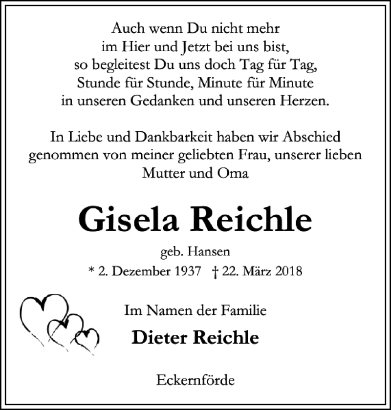  Traueranzeige für Gisela Reichle vom 07.04.2018 aus Eckernförder Zeitung