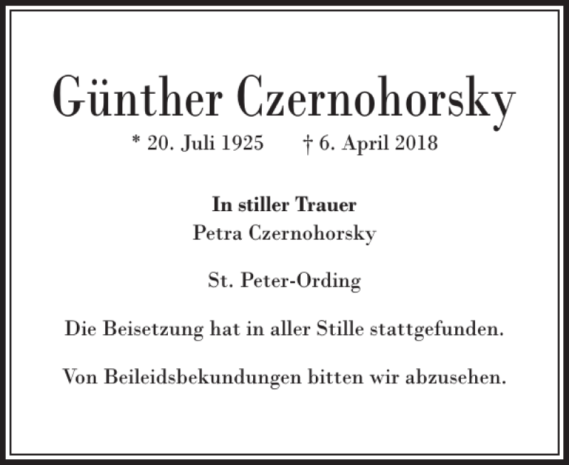  Traueranzeige für Günther Czernohorsky vom 12.04.2018 aus Husumer Nachrichten