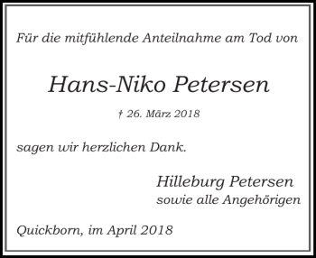 Traueranzeige von Hans-Niko Petersen von Elmshorner Nachrichten