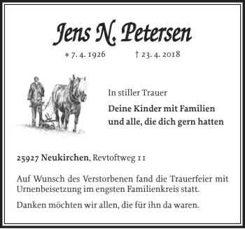 Traueranzeige von Jens N. Petersen von Nordfriesland Tageblatt
