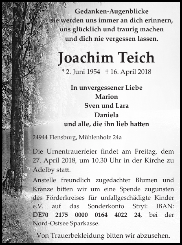  Traueranzeige für Joachim Teich vom 21.04.2018 aus Flensburger Tageblatt