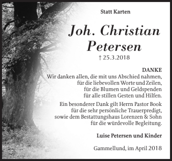 Traueranzeige von Joh. Christian Petersen von Schleswiger Nachrichten
