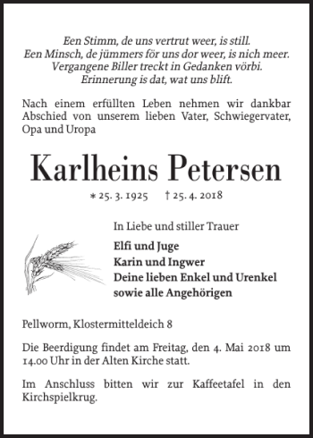 Traueranzeige von Karlheins Petersen von Husumer Nachrichten