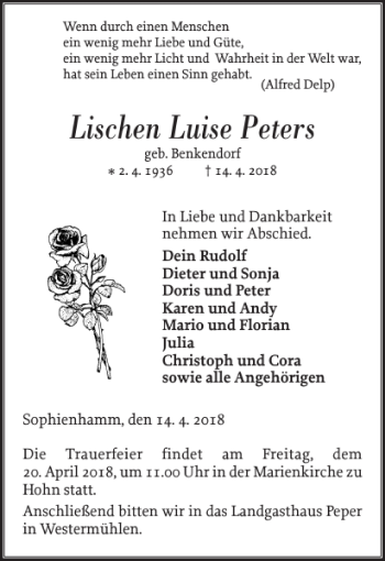 Traueranzeige von Lischen Luise Peters von Landeszeitung