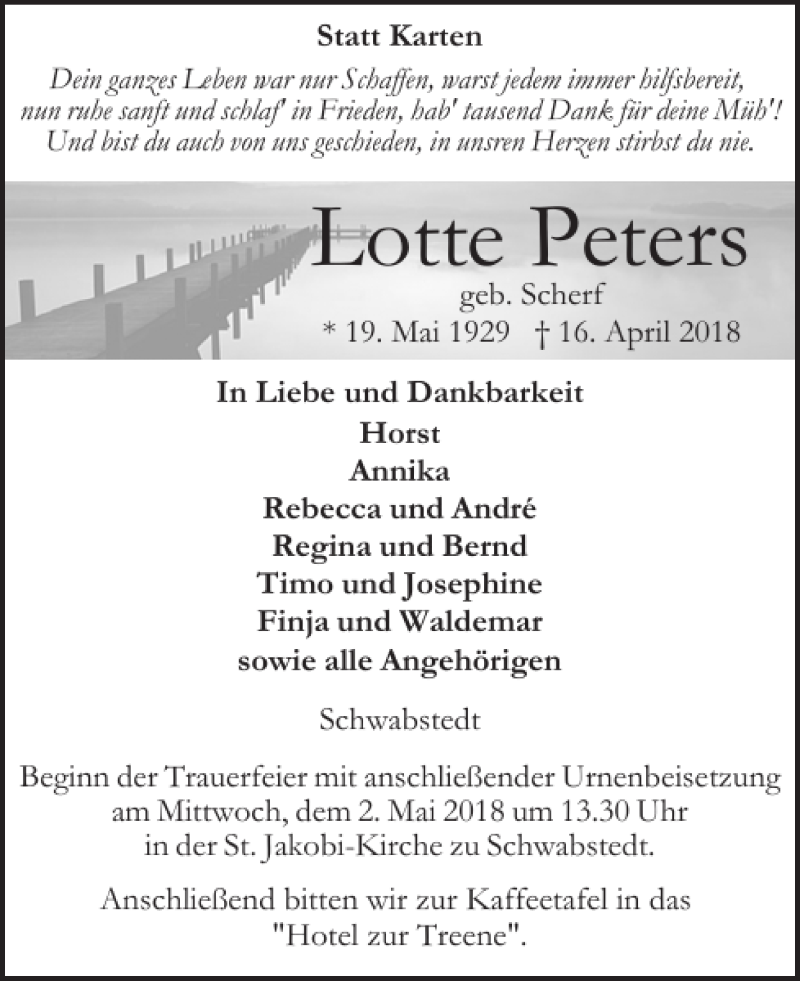  Traueranzeige für Lotte Peters vom 28.04.2018 aus Husumer Nachrichten