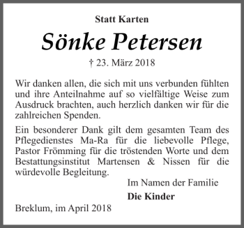 Traueranzeige von Sönke Petersen von Husumer Nachrichten