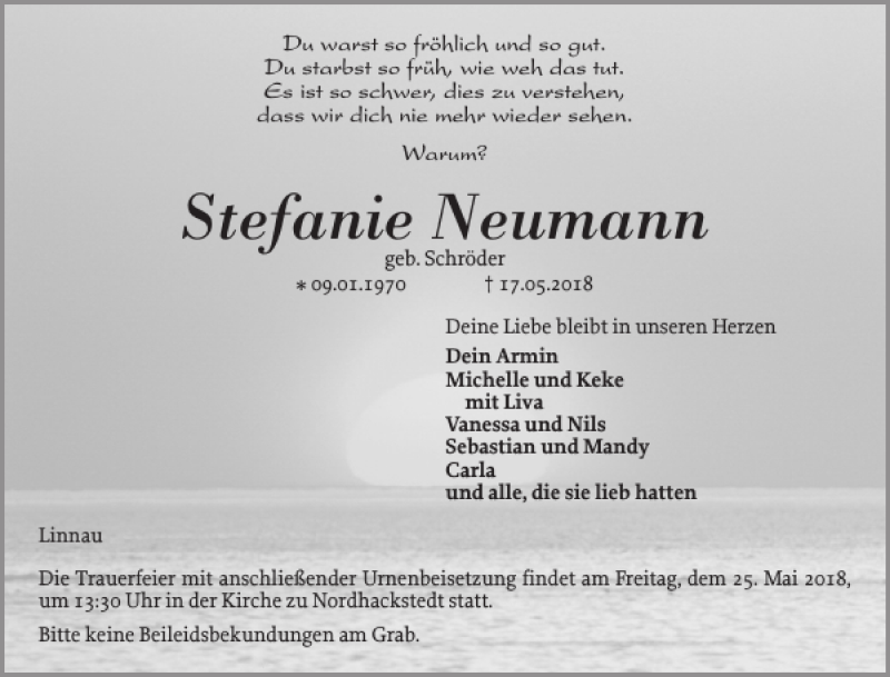  Traueranzeige für Stefanie Neumann vom 22.05.2018 aus Flensburger Tageblatt
