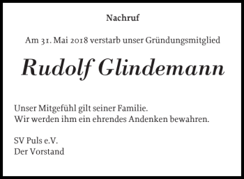 Traueranzeige von Rudolf Glindemann von Norddeutsche Rundschau